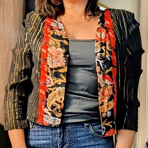 Vintage Carole Little Red/Gold Floral & Striped Cropped Open Jacket Size 10